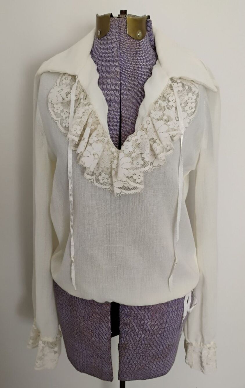 Jan Strass Ivory Bohemian Shirt Blouse Womens LS 70's Sheer Tie Waist Ruffled XS